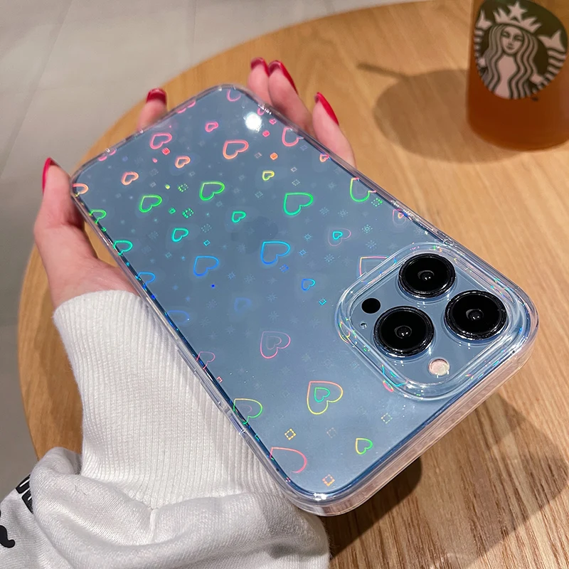 Fashion Gradient Laser Love Heart Clear Phone Case For iPhone 16 Pro Max 15 14 13 12 11 X XS XR 7 8 Plus SE Shockproof Cover