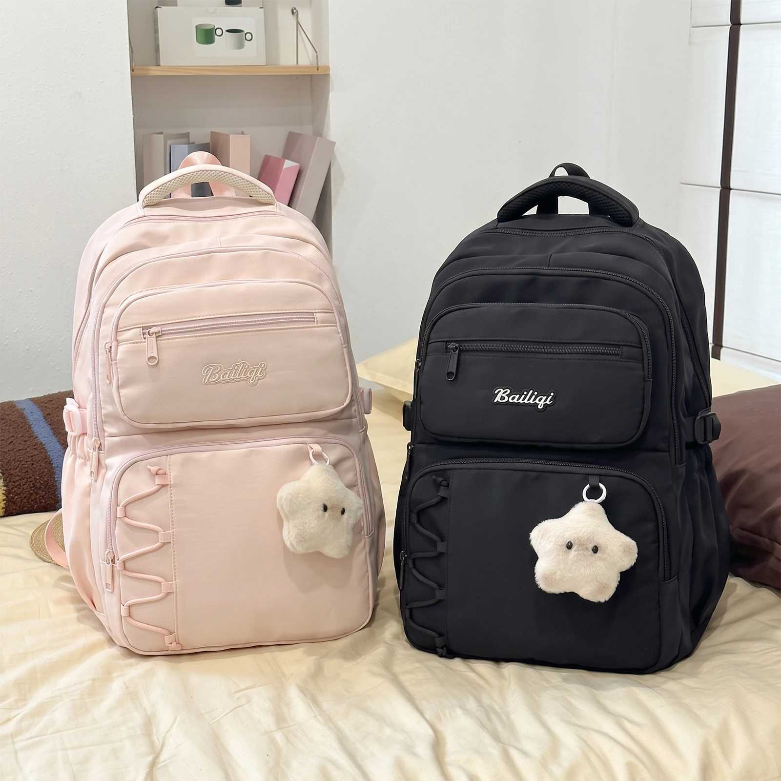 Young Women Backpack Korean Style Lightweight Nylon Multi-Compartment Casual Travel Bag