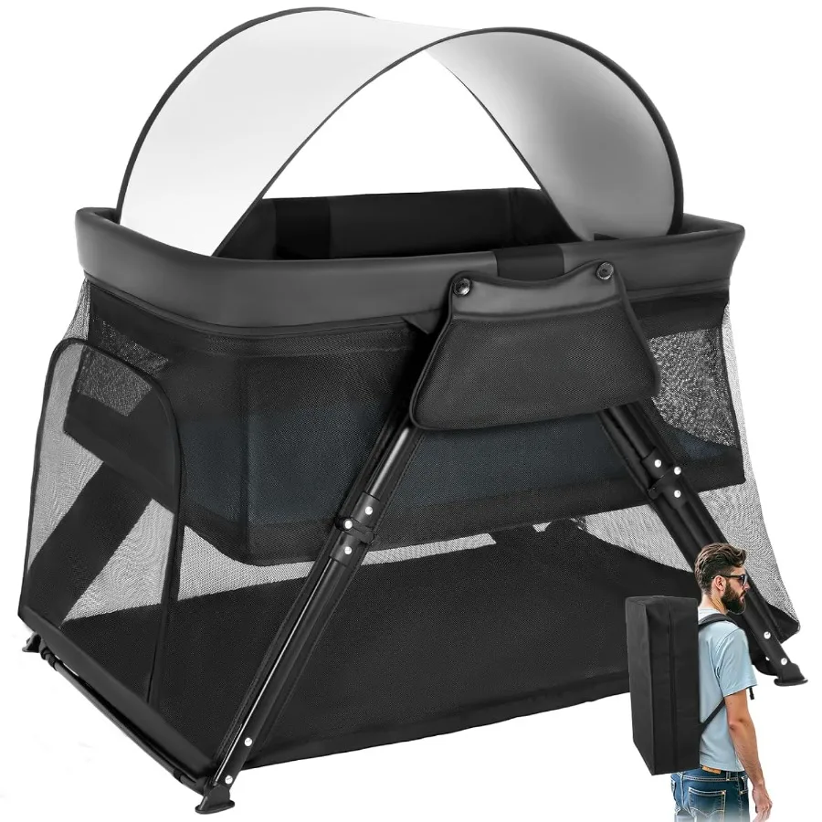 Culla da viaggio 2in1 Culla portatile con zaino per genitori OntheGo Box da viaggio leggero per bambini con design pieghevole e spesso