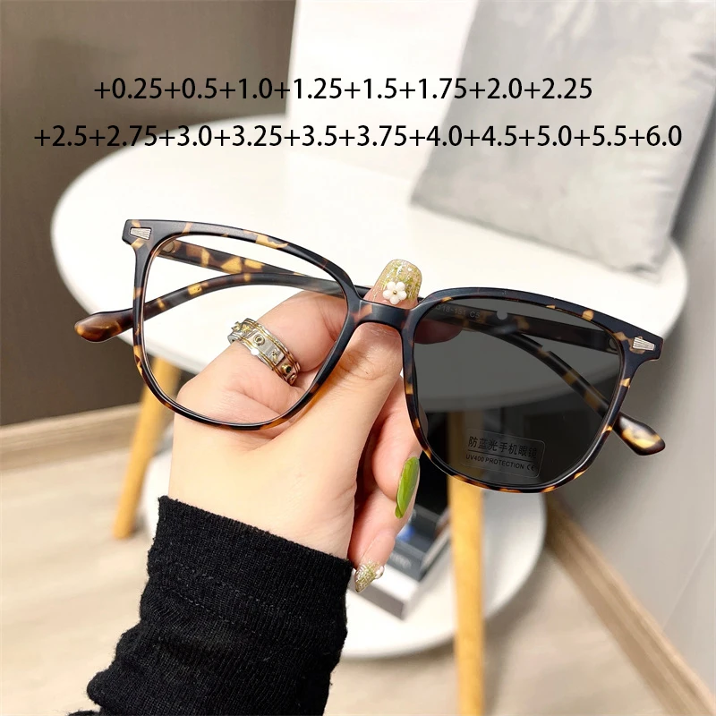 

New Large Square Photochromic Reading Sunglasses Women Tr90 Optical Glasses With Diopter +0.25 +0.5 +2.5 +2.75 +4.5 +5.0 +5.5
