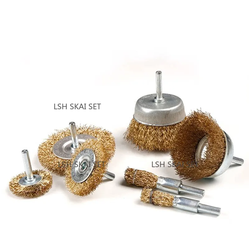 1/5PC Wire Wheel Brush with Shank Brass Coated Steel Wire Rotary Brush Drill Rust Removal Polishing Cleaning Tool Metal Surface