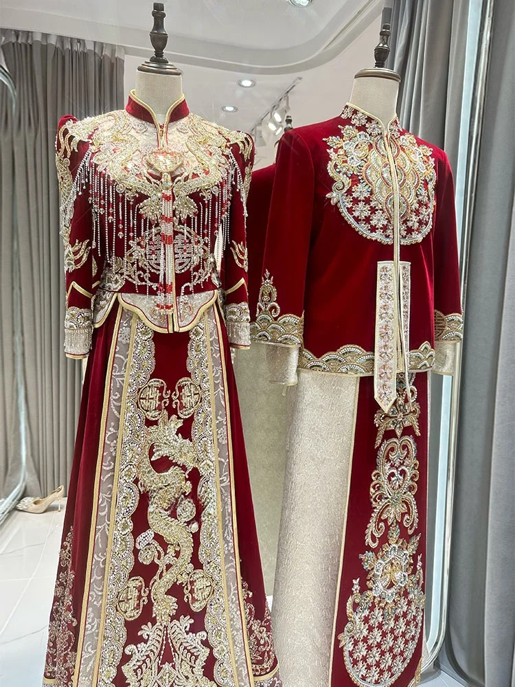 

Velvet Wedding Dr New Chinese Sle Heavy Embroidery Dragon And Phoenix Coat Couple Wedding Gown Love S Faion ow