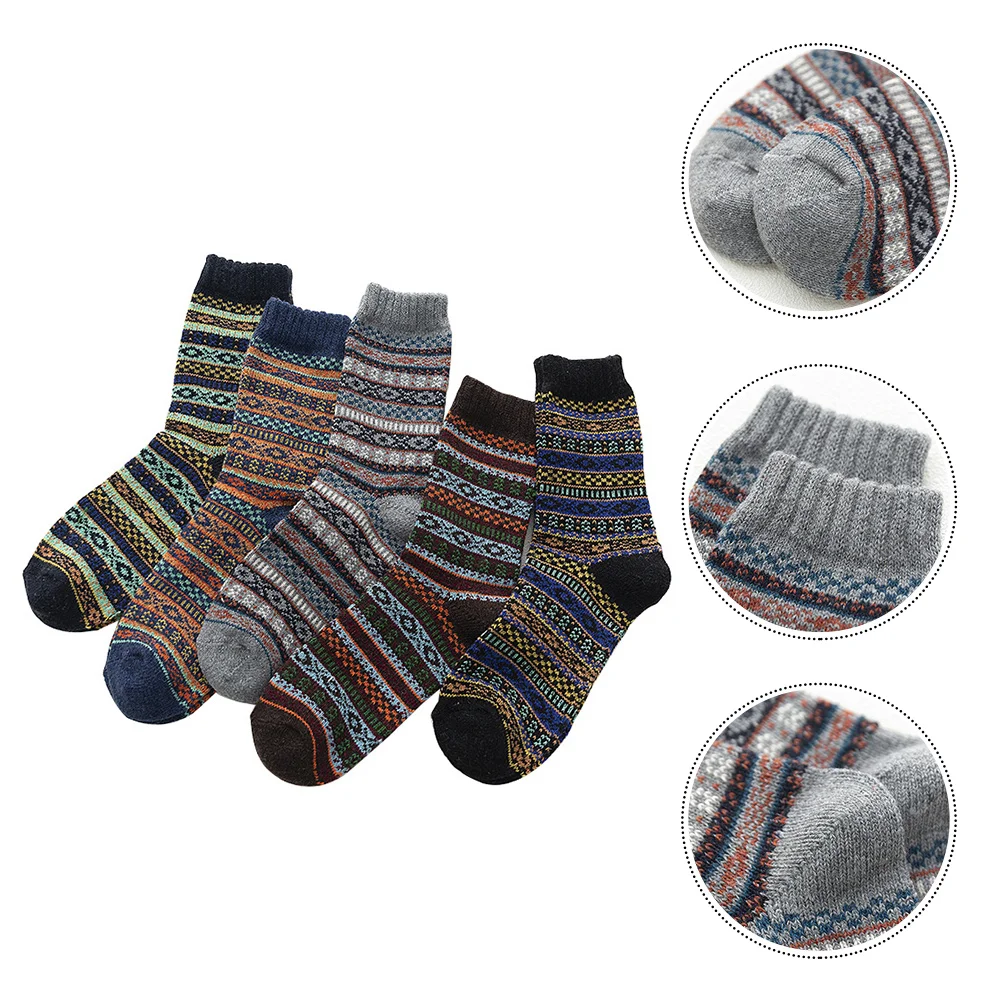 

5 Pairs Women Wool Socks Warm Winter Vintage Ethnic Style Soft Breathable Crew Long Lasting Family Cold Weather