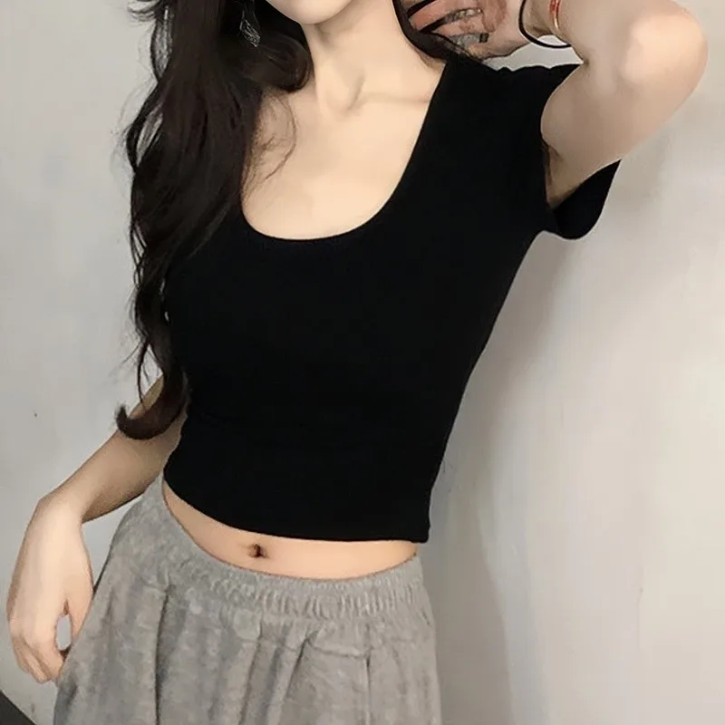 T-shirt en coton pour femmes, coupe cintrée, ort Sve u-ne, Sle, printemps été, couleur Pure, nombril, vêtements intérieurs