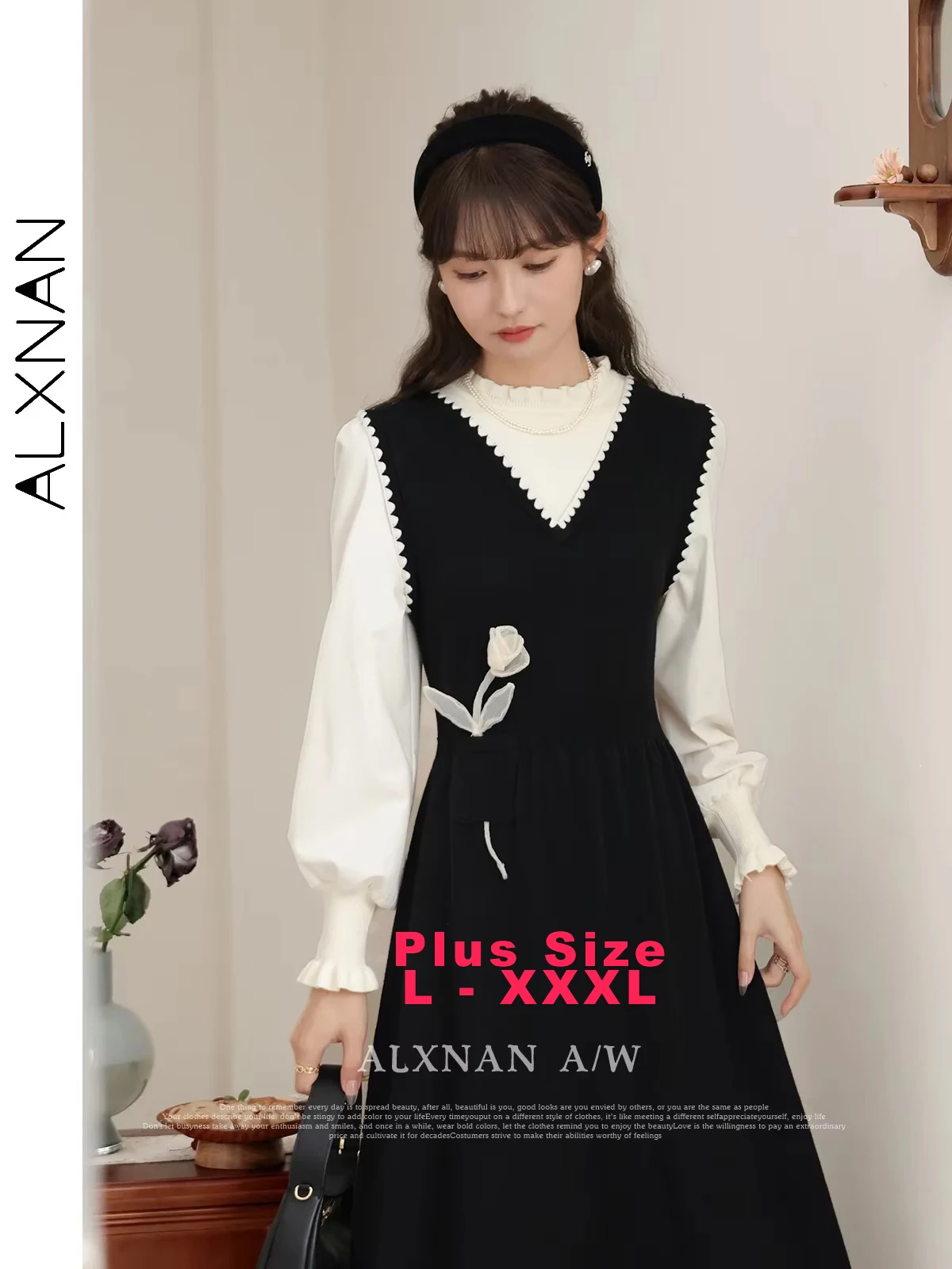 

ALXNAN Plus Size Fall Elegant Fake 2 Piece Long Sleeve Dress for Women 2024 Fashion Commuter A-line Spliced Midi Dresses DM00810