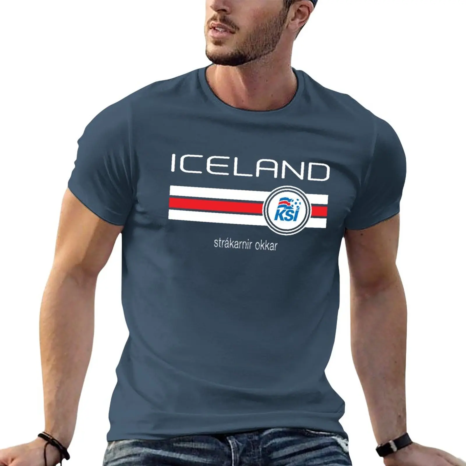 

Новые футболки с изображением футбола-Исландии (домашняя синяя), футболки без рисунка, индивидуальные мужские футболки, упаковка
