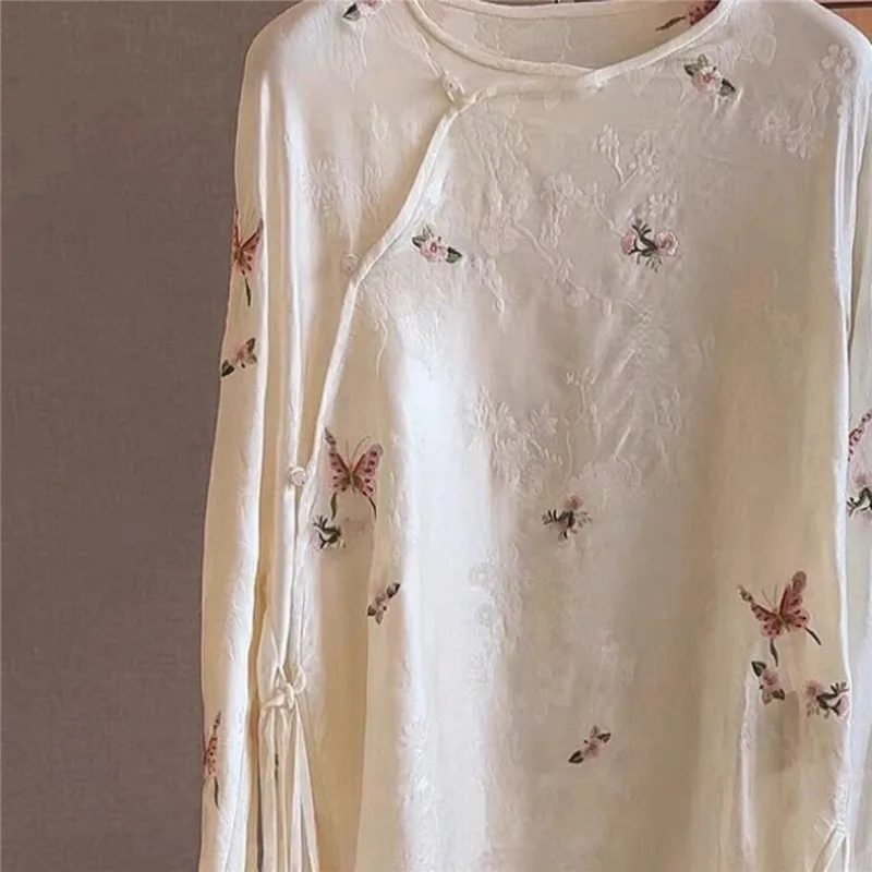 

2025 New Spring Long Sleeve Jacquard Blouse Women O Neck Cardigans Chinese Style White Soft Shirts Thin Loose Female Tops