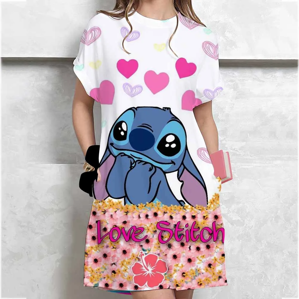 Women's summer casual loose Disney Stitch cartoon print round neck short sleeved T-shirt dress