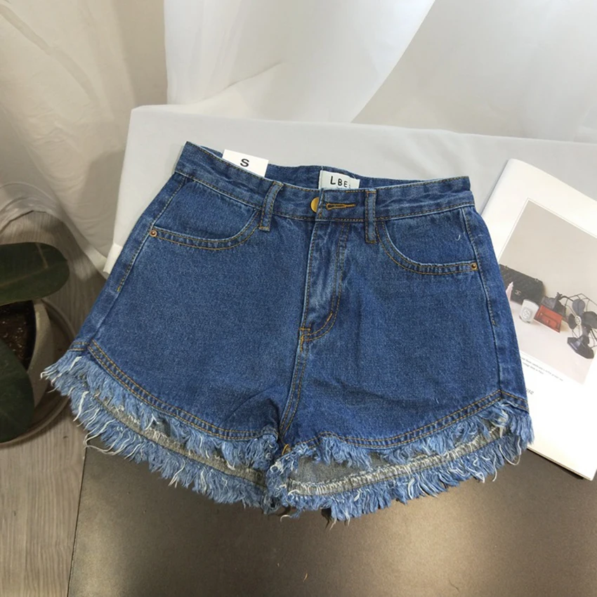 Pantaloncini di jeans estivi da donna Pantaloncini con frange tinta unita a vita alta Jeans corti femminili di base alla moda retrò americana
