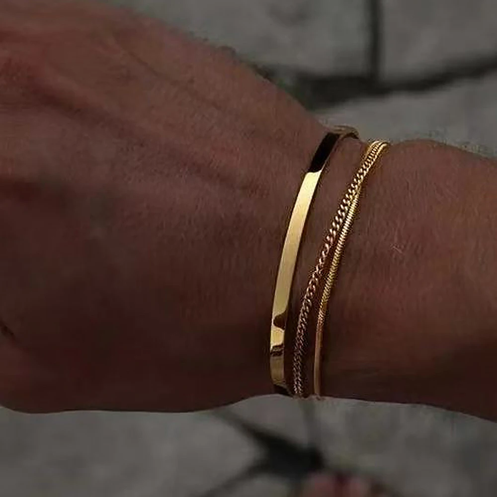 ステンレス鋼シルバーカラー男性スネークボーンチェーンブレスレットシンプルな非退色オープンブレスレット女性のファッションヒップホップジュエリー 1