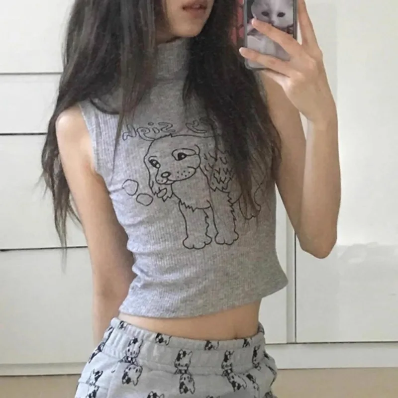 High Collar Cartoon Print Casual Gray Tank Tops Women 2025 Summer New Streetwear Sexy Slim Thread Knitted Crop Tops