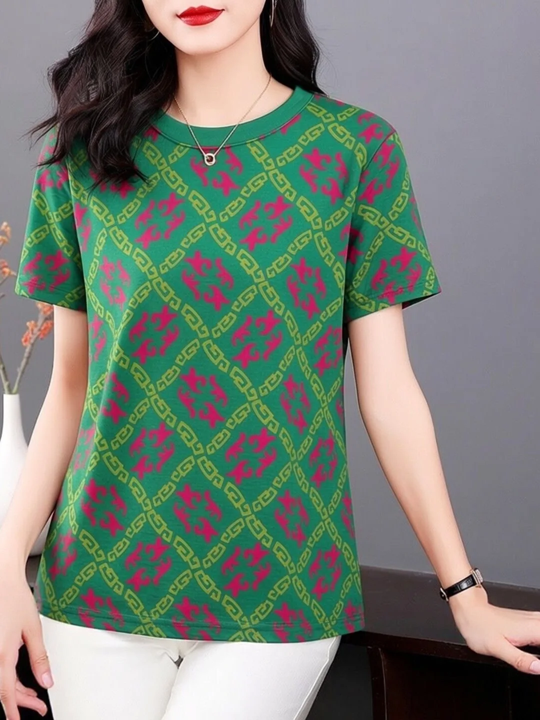 

Short Sleeve Printed T-Shirt Women's Loose Slimming Fashionable Mid-aged Mommy's Summer Top Polyester Fiber Geometric Pattern