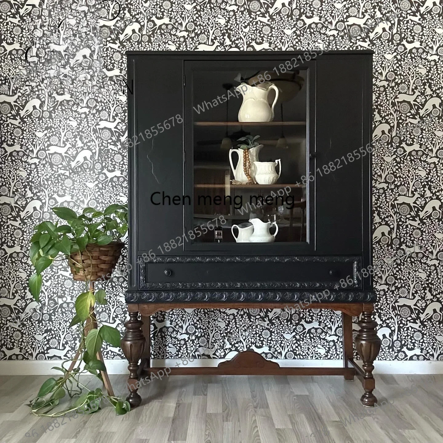 

French Retro Solid Wood Black Wine Cabinet Wall Display Cabinet Home Restaurant Storage Cabinet High-End Furniture Customization