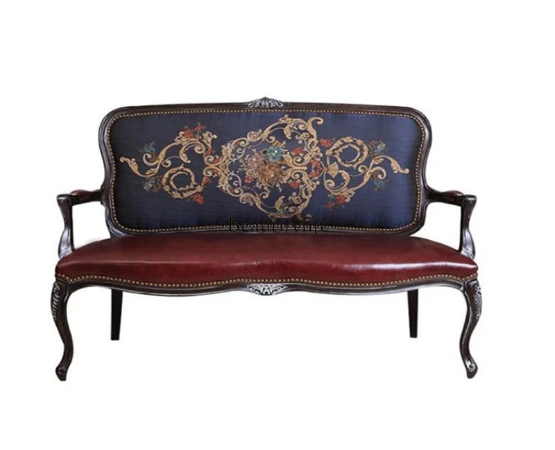 

French Retro Solid Wood Sofa Chair Wood Carved Leather Double Sofa