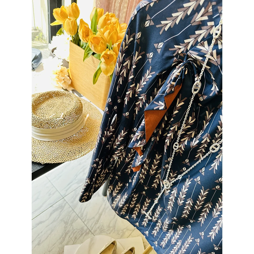 

Deep Blue Floral Print Long Sleeve Shirt V-Neck Bouffant Collar Sash Street Style Loose Fit Women's Premium Fashion Shirt