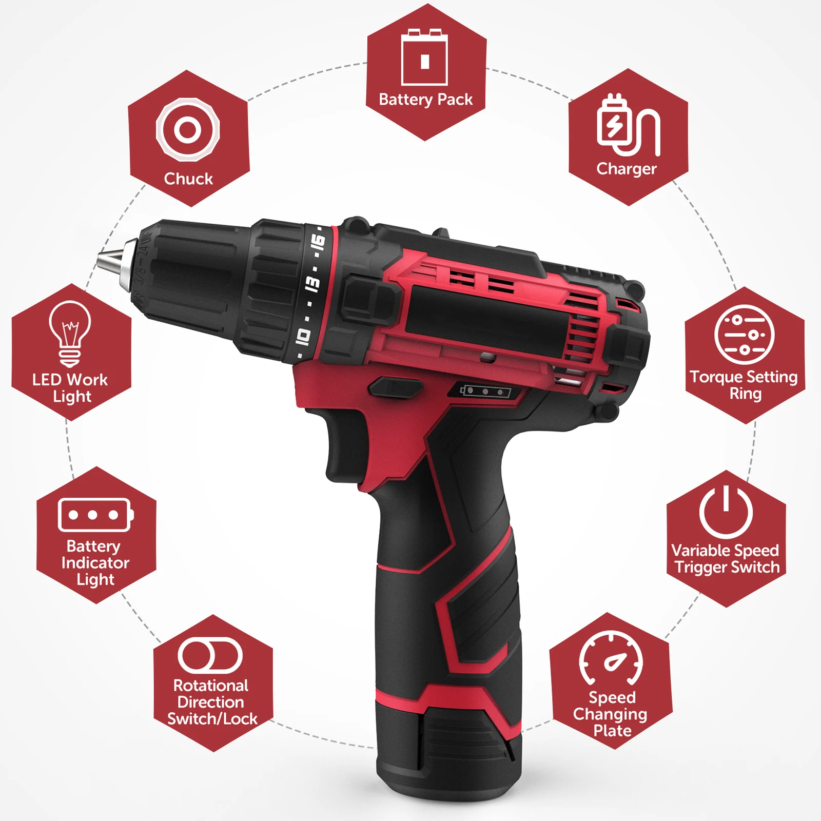 

Cordless Drill Driver Kit 12V Power Drill Set 50PCS Electric Drill Brushes Set 18+1 Clutch Screw Driver with LED 2-Speed