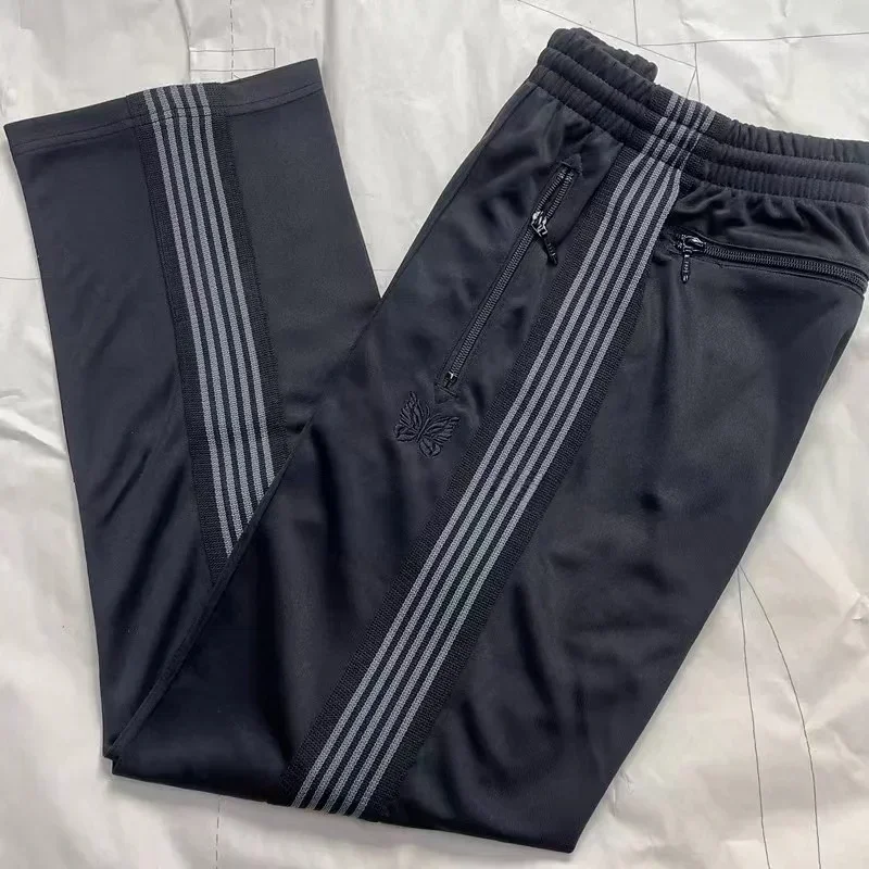 2025ss Butterfly Embroidery Black Pants Men Women 1:1 With Tags Straight Pants Grey Striped Joggers Pants