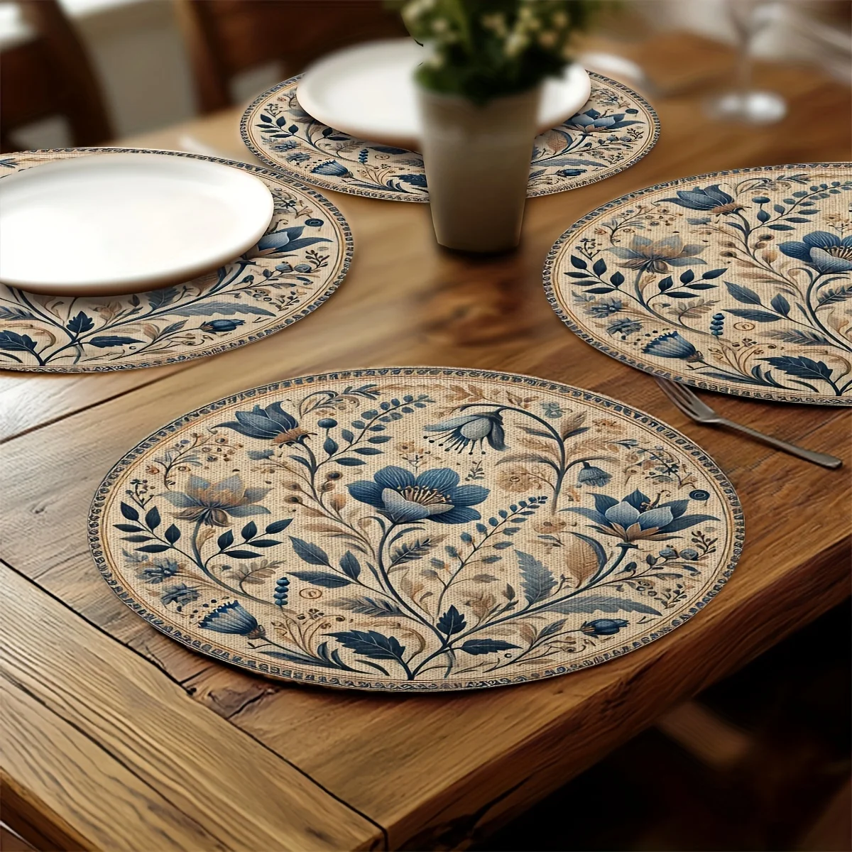 VIKAMA 4PCS French Blue And White Floral Round Placemats Dining Room And Kitchen Decor Festive Dining And Home Accents