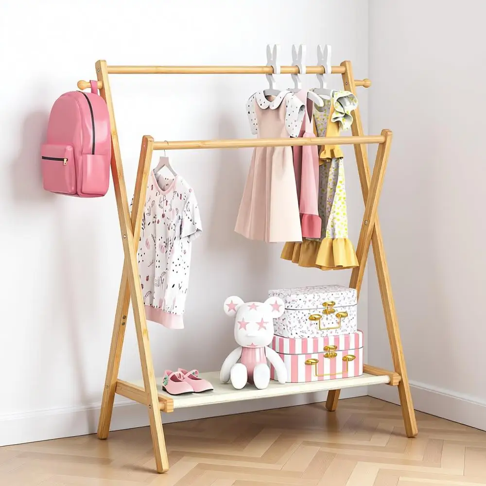 

Kids Clothing Rack, Small Clothes Rack, Toddler Pets, Kids Drop Rack with Storage Shelves & Double Rods, Foldable Kids Clothes R