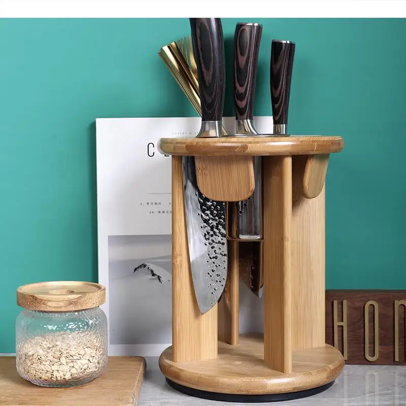 

Rotatable Wooden Knife Holder Kitchen Desktop Shelf Multifunction Storage Rack Chopsticks Cage Drain