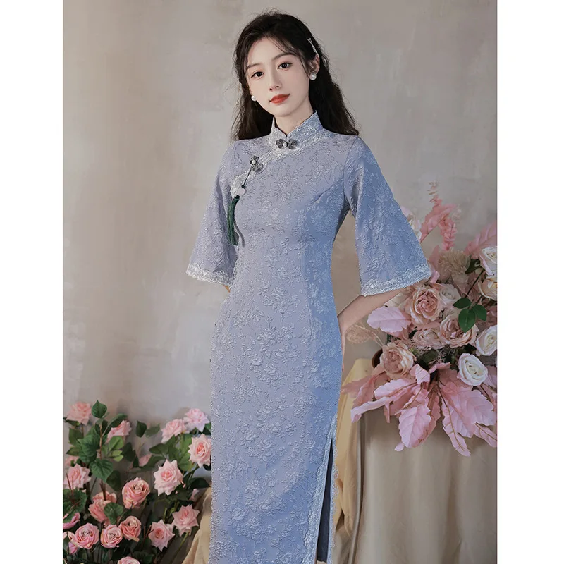 

2022 Lace Cheongsam Summer Girl Vintage Chinese Style Dress Blue Long Qipao Fashion Female Dresses