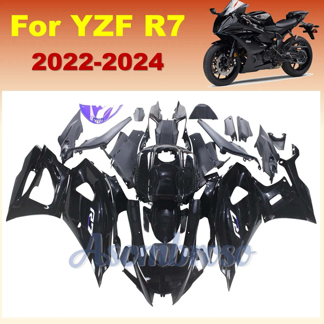 ABS Injection Fairing Kit para Motocicleta, Tampa de Corpo Preto, Fits YZFR7, YZF-R7, 2021, 2022, 2024, 21-24