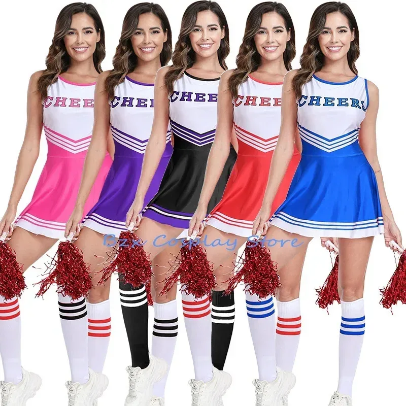 Costume da cheerleader per bambini e donne, uniformi da cheerleader per ragazze, abiti da ballo, gonne e fiori, abbigliamento per feste di Halloween