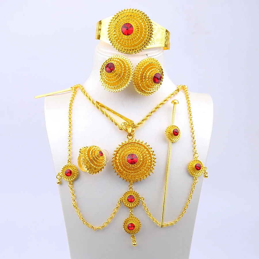 Cross border Dubai 24K Gold Jewelry African Bride Necklace Earrings Ring Bracelet Hairpin Head Chain Six Piece Set