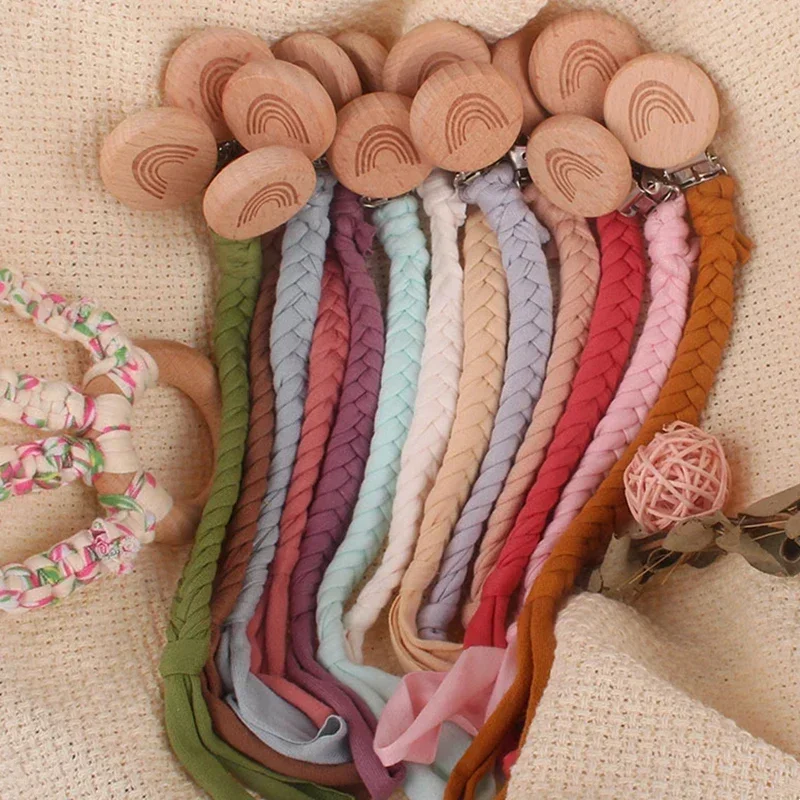 Hand Braided Cotton Cloth Pacifier Chains Handmade Wooden Dummy Pacifier Clips Safety Baby Girl Boy Eco-friendly Holder Chain