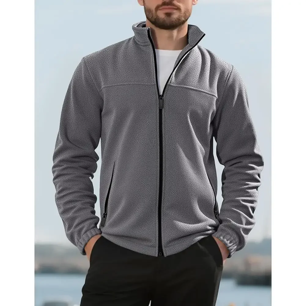 

Men's Stand Collar Fleece Jacket For Winter Outdoor Wear With Zipper Windproof Warm Insulated Long Sleeve Tops