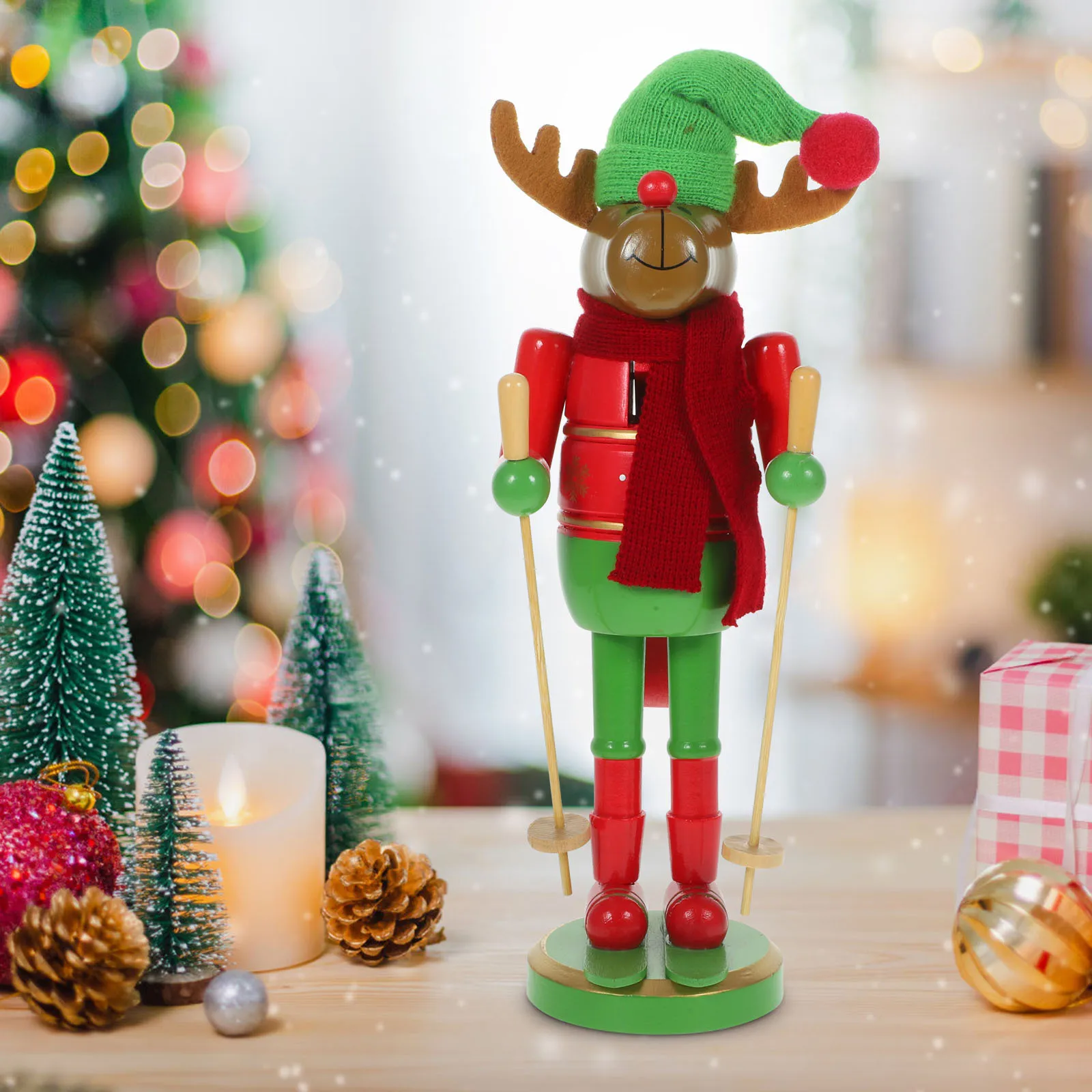 

Tall Wooden Nutcracker Christmas Decor Skiing Theme Handcrafted Craft for Home Office Desktop Xmas Decoration Festive Seasonal