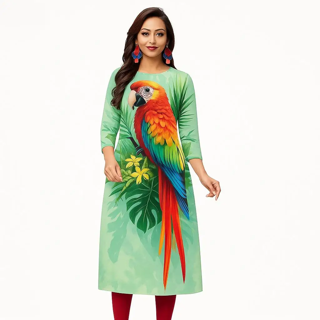 Kurt Women's Fashion Comfortable Long Sleeve Straight Casual Ethnic Round Neck Parrot Print New Dress