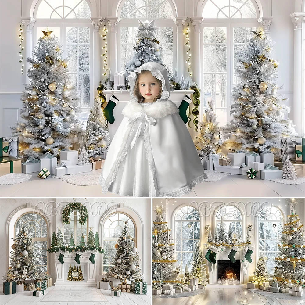 Christmas Photography Backdrop Fireplace Brilliant Christmas Trees Decorated Green Stockings Background Photo Studio Photocall