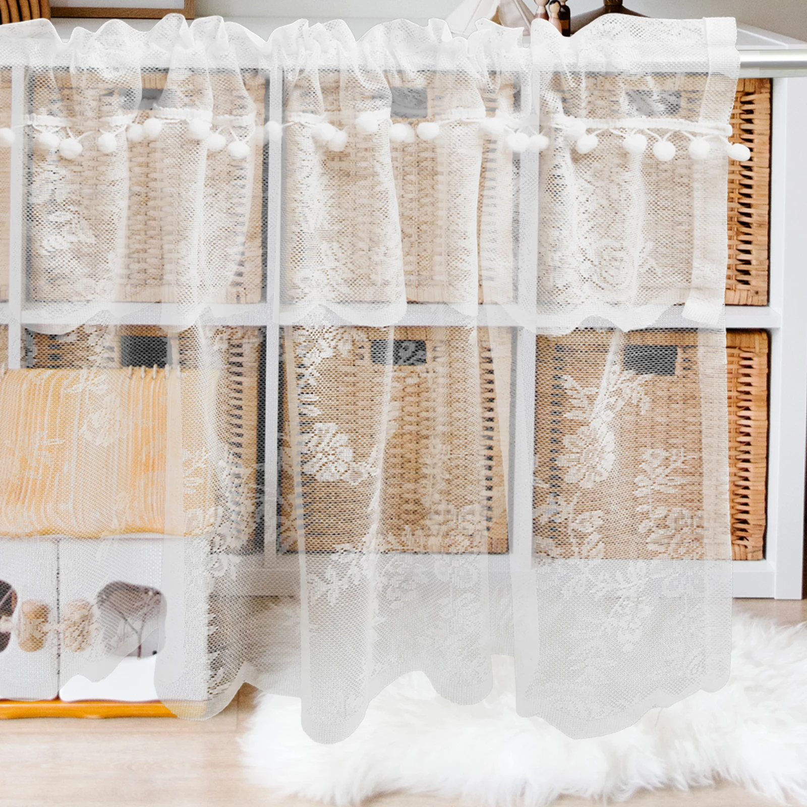 

Lace Balloon Curtain Farmhouse Kitchen Curtain Tie-Up Shade Rustic Valance For Bedroom Bathroom Living Room Easy Install Glare