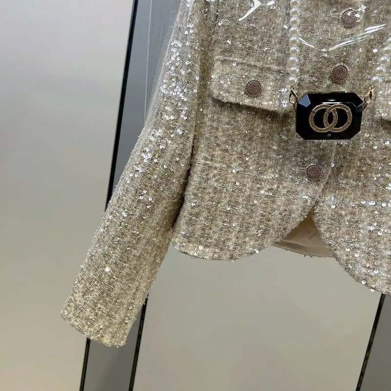 Women Autumn Spring Beaded Embroidery Blazers Coat Sequined Jacket Coat Suits Cardigan Slim High Waist Crop Tops