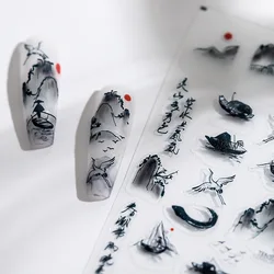 1 hoja 5D tinta realista pintura de paisaje chino Skiff Fishman grúa puesta de sol adhesivo pegatinas para decoración de uñas calcomanías dijes para manicura