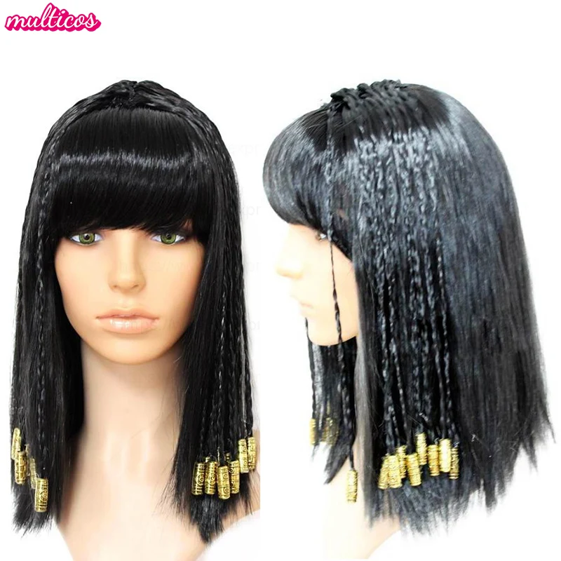 كليوباترا شعر مستعار امرأة مصر الملكة الشعر الأسود خرز ذهبي كليوباترا تأثيري اكسسوارات خوذة الرقص هالوين حفلة لعب الأدوار الباروكات #1