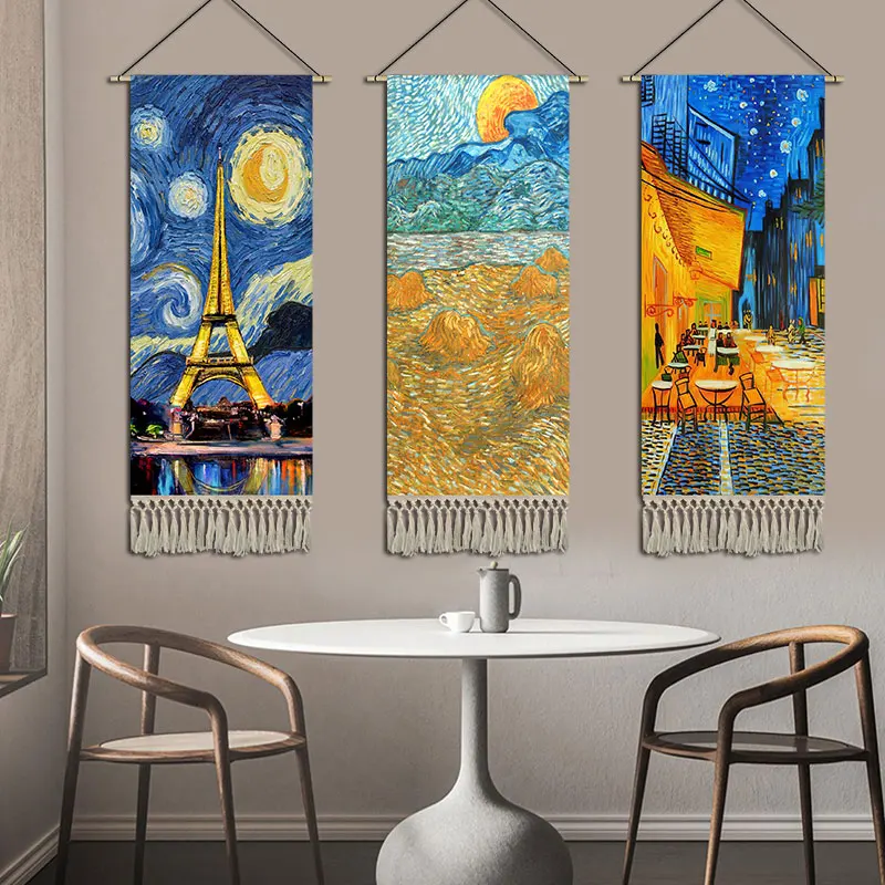 ديكور حائط من نسيج Van Gogh Starry Night - قماش المدخل معلق لغرفة النوم والأريكة وBnB وديكور الغرفة فن التمرير الجمالي #2