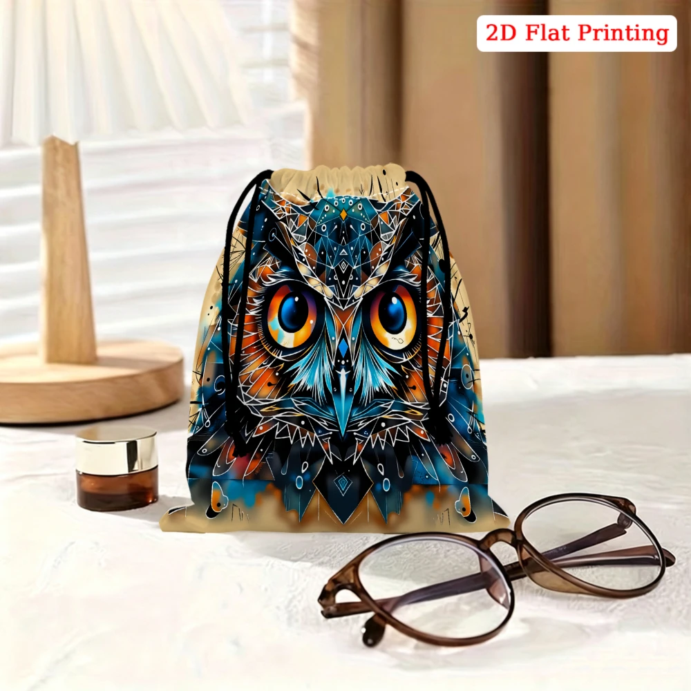 1Pc Creative Owl Pattern Drawstring Bag Multicolor Geometric Animal Print Storage Small Pouch Portable Travel Organizer For Wome