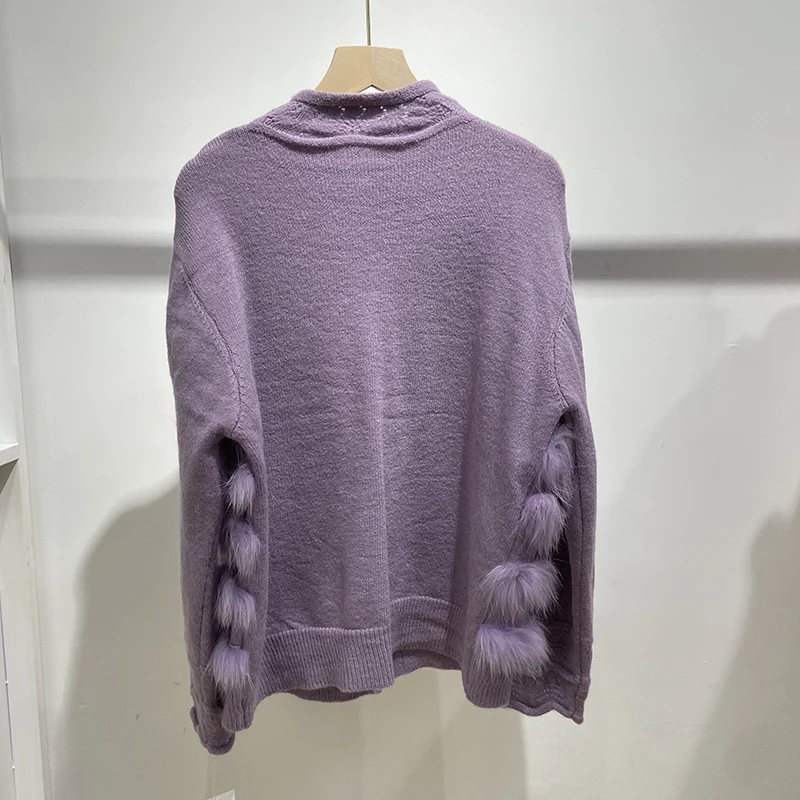 Women Autumn Real Fox Fur High-necked Sweater‌ Lady's Spring Loose Mandarin Collar Sweater Knitted Coat