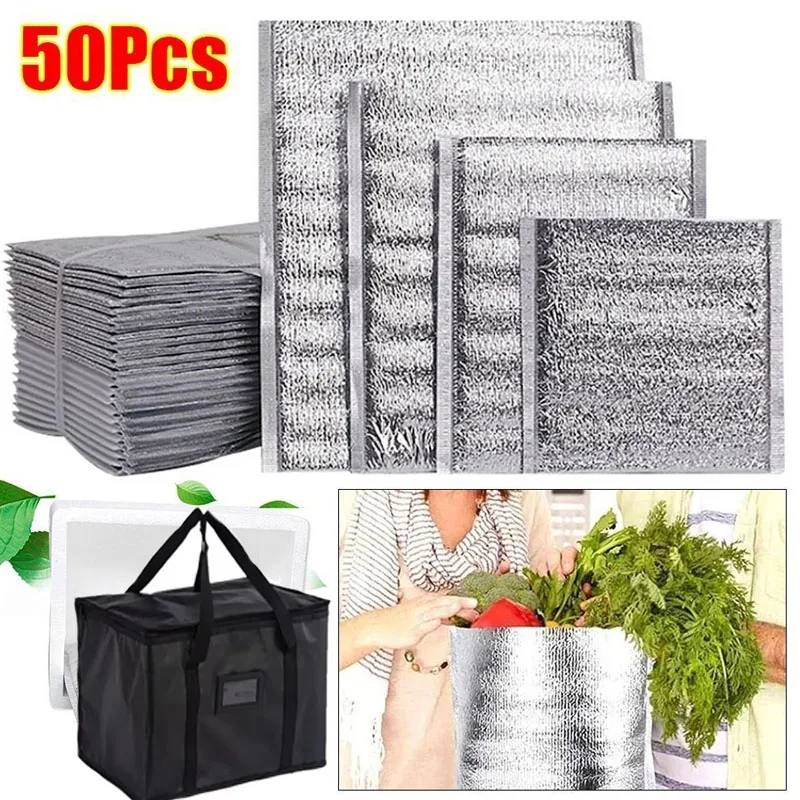 

50pcs Aluminum Foil Cooler Bag Insulation Folding Picnic Portable Thermal Packing Bag Food Delivery Drink Carrier Insulated Bag