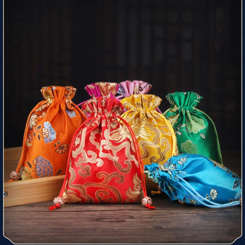 20pcs/Lot 12*15cm Chinese Style Peony Flower Ancient Sachets Satin Drawstring Pouches Handmade Brocade Pouch Storage Bags