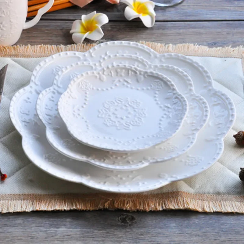 

European Style Flat Plate-6"8"10"Western Steak Plate -Embossed Round Shallow Pure White Bone China Dessert Tray Home Acces