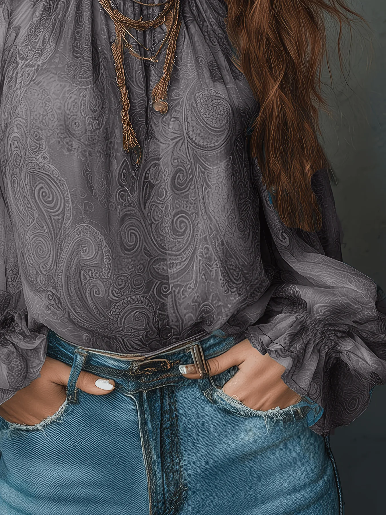 Boho Paisley-Print Chiffon-Top Damen Sexy Off-Shoulder Bluse mit Trompetenärmeln Retro 70er Fairycore Hemden – Detail 15