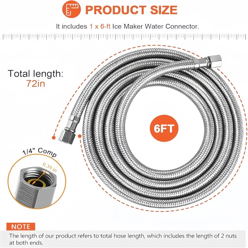 New 8-24FT Upgrade Braided Stainless Steel Hose Refrigerator Ice Maker Connector 1/4 Comp Flexible Connection
