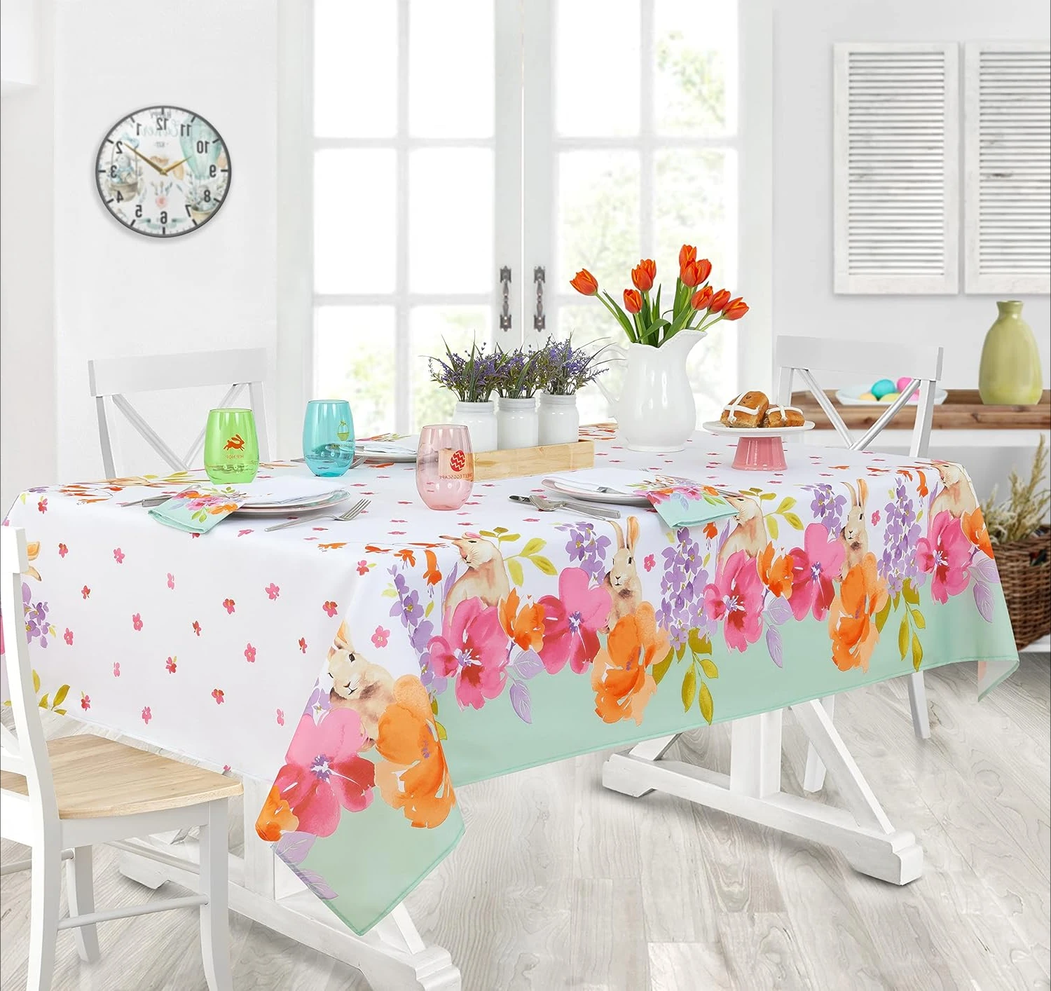 Easter Bunniful Spring Bunny Tablecloth, Easy Care Stain Resistant Table Cloth, Bunny Flower Fields Tablecover Home Decoration