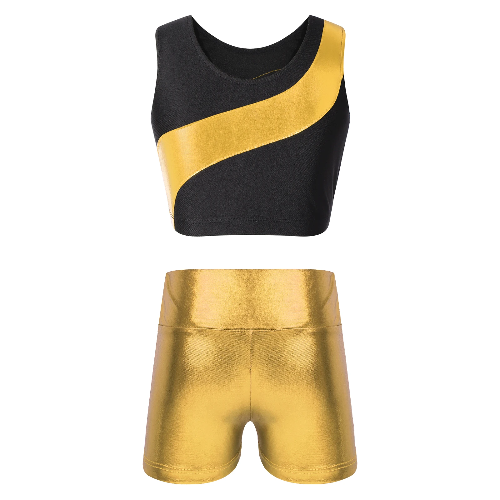 Kids Girls 2Pcs Dance Gymnastic Outfit Sleeveless Shiny Rhinestone Patchwork Metallic Crop Top with High Waist Shorts Sportswear