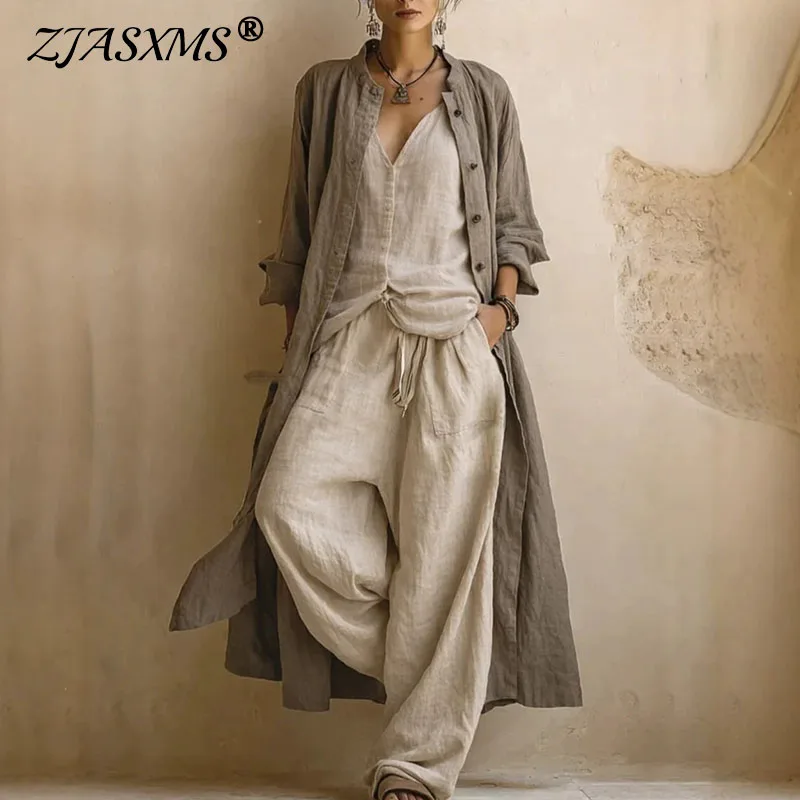 

Women 3 Piece Set Sleeveless Long Cardigan Coat Deep V Tank Top Drawstring Wide Leg Pants Suit Vintage Summer Boho Casual Outfit