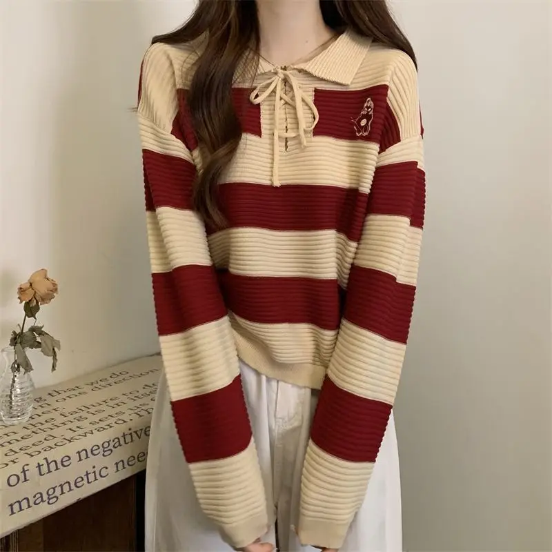 Spring and Autumn New Korean Stripe Polo Long Sleeve Knitwear Women\'s Short Academy Style Pullover Sweater Winter Clothes Women