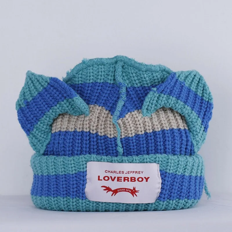 Para Dzianinowa Czapka Świnia Kot Ucho Czapka Zimowa Ciężka Ciepła Modna Czapka Stripe Loverboy Cute Cartoon Fox Beanies Skullies dla Mężczyzn Kobiet